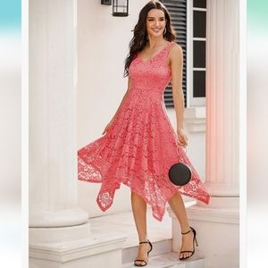 NWOT Meetjen Women's Vintage Floral Lace Asymmetrical Hem Coral Cocktail Dress